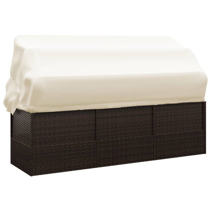 Patio Lounge Bed with Roof and Cushions Brown Poly Rattan