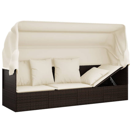 Patio Lounge Bed with Roof and Cushions Brown Poly Rattan