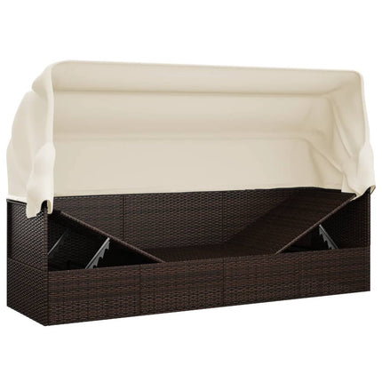 Patio Lounge Bed with Roof and Cushions Brown Poly Rattan