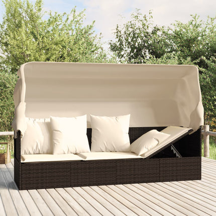 Patio Lounge Bed with Roof and Cushions Brown Poly Rattan