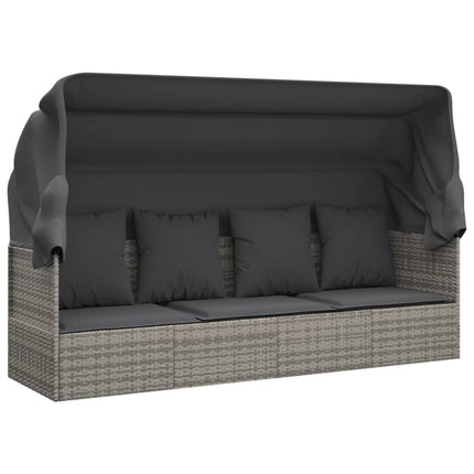Patio Lounge Bed with Roof and Cushions Gray Poly Rattan