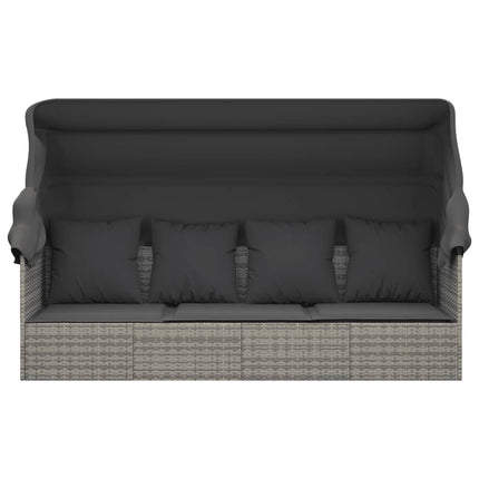 Patio Lounge Bed with Roof and Cushions Gray Poly Rattan