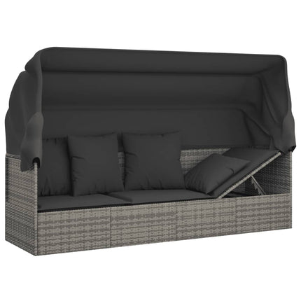 Patio Lounge Bed with Roof and Cushions Gray Poly Rattan