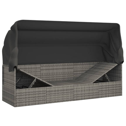 Patio Lounge Bed with Roof and Cushions Gray Poly Rattan
