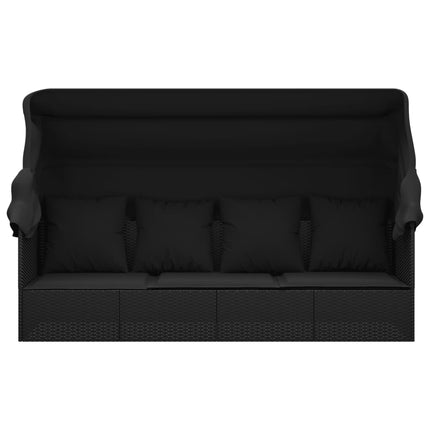 Patio Lounge Bed with Roof and Cushions Black Poly Rattan