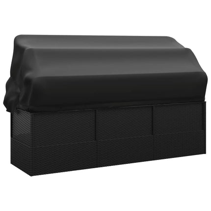 Patio Lounge Bed with Roof and Cushions Black Poly Rattan