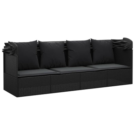 Patio Lounge Bed with Roof and Cushions Black Poly Rattan