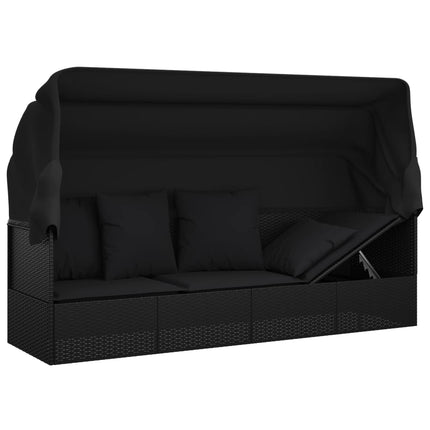 Patio Lounge Bed with Roof and Cushions Black Poly Rattan