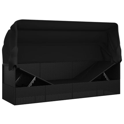 Patio Lounge Bed with Roof and Cushions Black Poly Rattan