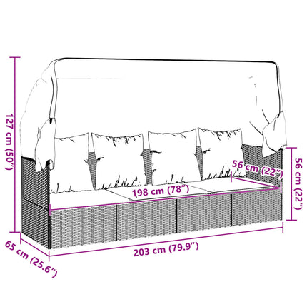 Patio Lounge Bed with Roof and Cushions Black Poly Rattan