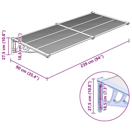 Door Canopy Gray and Transparent 94.1"x35.4" Polycarbonate