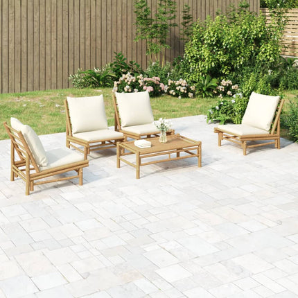5 Piece Patio Lounge Set with Cream White Cushions Bamboo