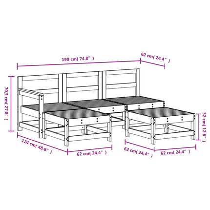 5 Piece Patio Lounge Set White Solid Wood Pine