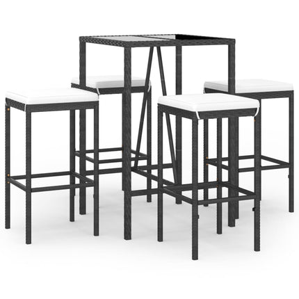 5 Piece Patio Bar Set with Cushions Black Poly Rattan