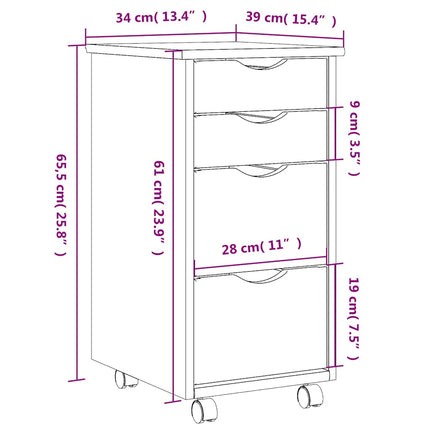 Rolling Cabinet with Drawers MOSS White Solid Wood Pine
