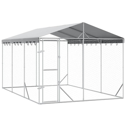 Outdoor Dog Kennel with Roof Silver 9.8‘x14.8‘x8.2‘ Galvanized Steel