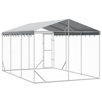 Outdoor Dog Kennel with Roof Silver 9.8‘x14.8‘x8.2‘ Galvanized Steel