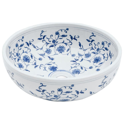 Countertop Basin White and Blue Round Φ16.1x5.5" Ceramic
