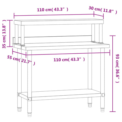 Kitchen Work Table with Overshelf 43.3"x21.7"x47.2" Stainless Steel