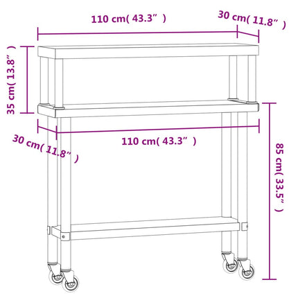 Kitchen Work Table with Overshelf 43.3"x11.8"x47.2" Stainless Steel