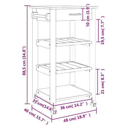 Kitchen Trolley MONZA 18.9"x15.7"x34.8" Solid Wood Pine