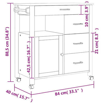 Kitchen Trolley MONZA 33.1"x15.7"x34.8" Solid Wood Pine