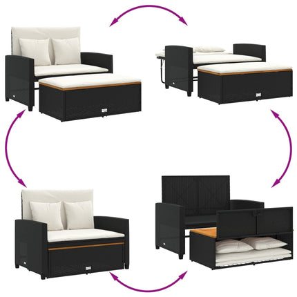 Patio Sofa with Cushions 2-Seater Black Poly Rattan&Acacia Wood