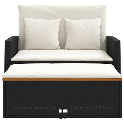 Patio Sofa with Cushions 2-Seater Black Poly Rattan&Acacia Wood