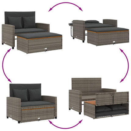 Patio Sofa with Cushions 2-Seater Gray Poly Rattan&Acacia Wood
