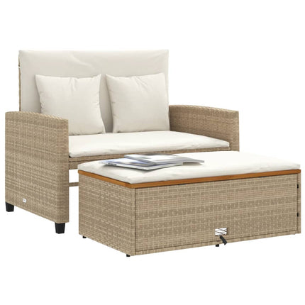 Patio Sofa with Cushions 2-Seater Beige Poly Rattan&Acacia Wood