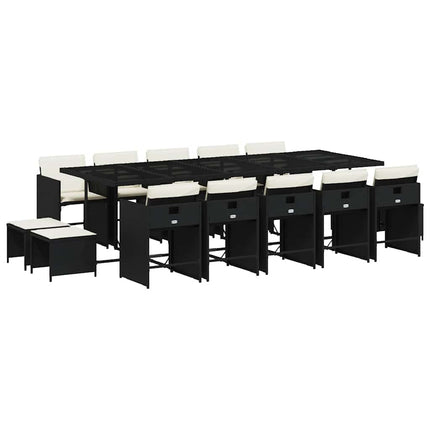 15 Piece Garden Dining Set with Cushions Black Poly Rattan