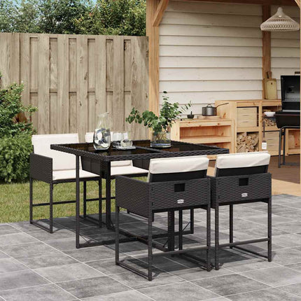 5 Piece Patio Dining Set with Cushions Black Poly Rattan