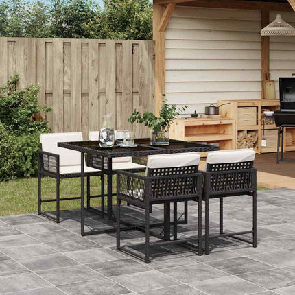 5 Piece Patio Dining Set with Cushions Black Poly Rattan