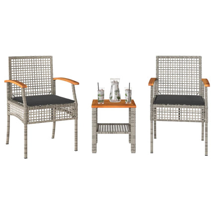 3 Piece Bistro Set with Cushions Gray Poly Rattan Acacia Wood