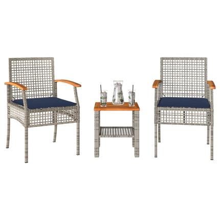 3 Piece Bistro Set with Cushions Gray Poly Rattan Acacia Wood