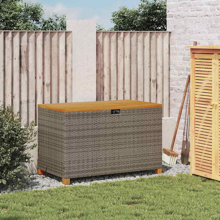 Patio Storage Box Gray 43.3"x21.7"x24.8" Poly Rattan Acacia Wood