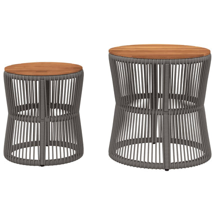 Patio Side Tables 2 pcs with Wooden Top Gray Poly Rattan