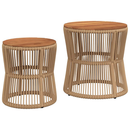 Patio Side Tables 2 pcs with Wooden Top Beige Poly Rattan