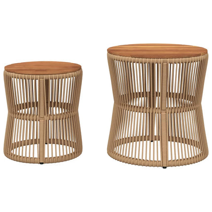 Patio Side Tables 2 pcs with Wooden Top Beige Poly Rattan