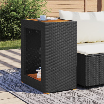 Patio Side Table with Wooden Top Black 23.6"x15.7"x29.5" Poly Rattan