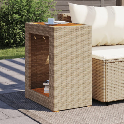 Patio Side Table with Wooden Top Beige 23.6"x15.7"x29.5" Poly Rattan