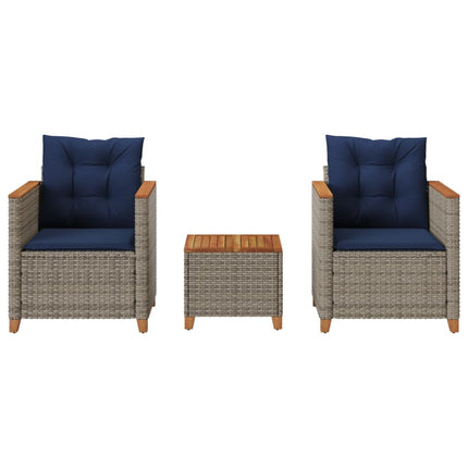 3 Piece Bistro Set with Cushions Gray Poly Rattan Acacia Wood