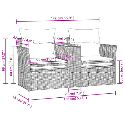Patio Sofa 2-Seater with Stools Black Poly Rattan