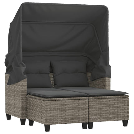 Patio Sofa 2-Seater with Canopy and Stools Gray Poly Rattan