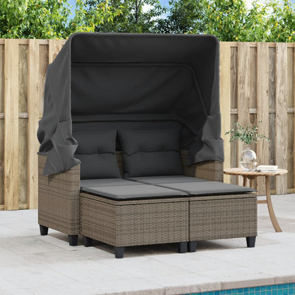 Patio Sofa 2-Seater with Canopy and Stools Gray Poly Rattan