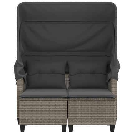 Patio Sofa 2-Seater with Canopy and Stools Gray Poly Rattan