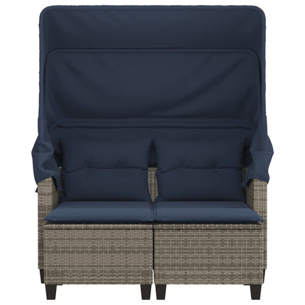 Patio Sofa 2-Seater with Canopy and Stools Gray Poly Rattan