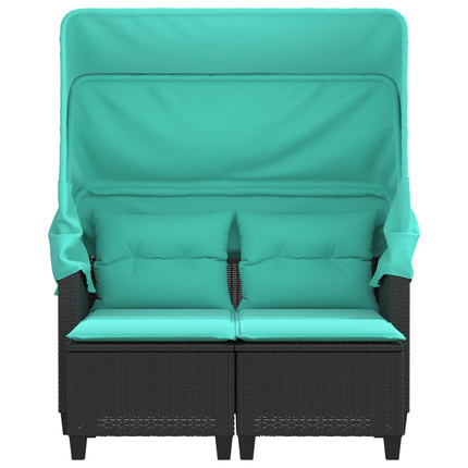 Patio Sofa 2-Seater with Canopy and Stools Black Poly Rattan