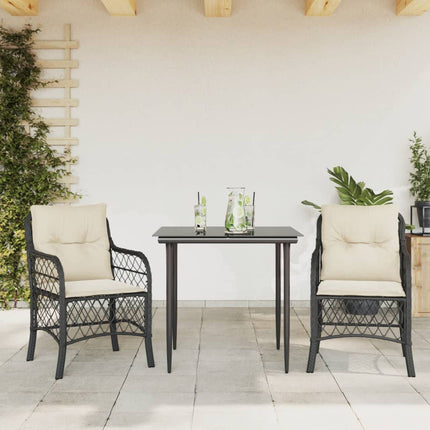 3 Piece Bistro Set with Cushions Black Poly Rattan