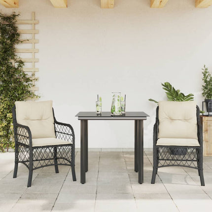3 Piece Bistro Set with Cushions Black Poly Rattan